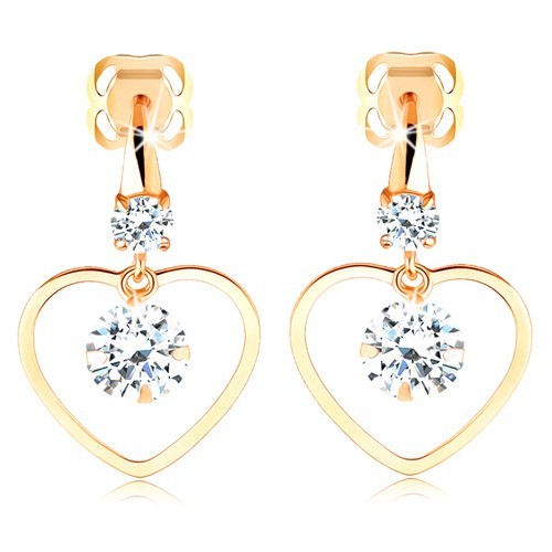 Náušnice zo žltého 14K zlata - tenký obrys súmerného srdca, číre zirkóny