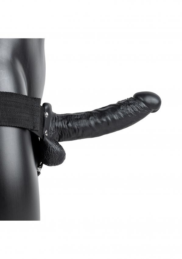 Realrock Hollow Strap-on dutý pripínací penis so semenníkmi 18 cm - čierny