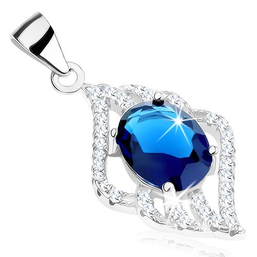 Strieborný prívesok 925, modrý zirkónový ovál, lístok, číre zvlnené kontúry