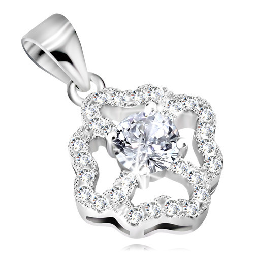 Ródiovaný prívesok zo striebra 925, kontúra kvetu so zirkónovými lupeňmi v tvare sŕdc