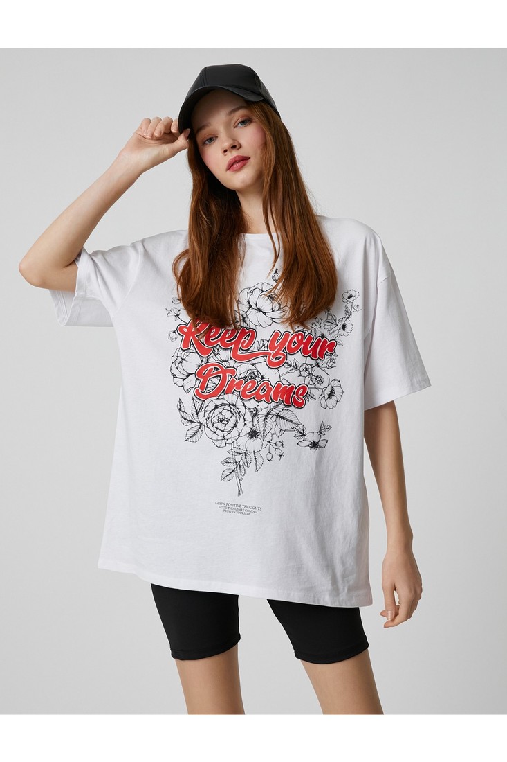 Koton Oversize T-Shirt Slogan Printed Short Sleeve Crew Neck