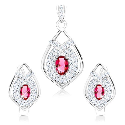 Sada zo striebra 925, náušnice a prívesok, obrys špicatej slzy, ružový zirkón