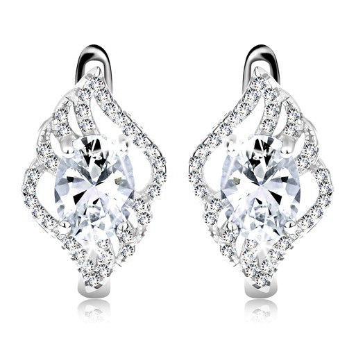 Strieborné 925 náušnice, obrys číreho listu, brúsený oválny zirkón čírej farby