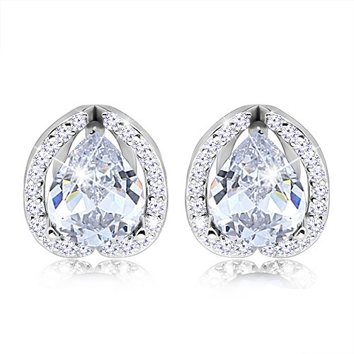 Strieborné náušnice 925, ródiované, trblietavá kontúra slzy, brúsený zirkón