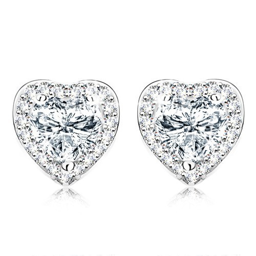 Ródiované náušnice, striebro 925, číre zirkónové srdiečko, trblietavý okraj