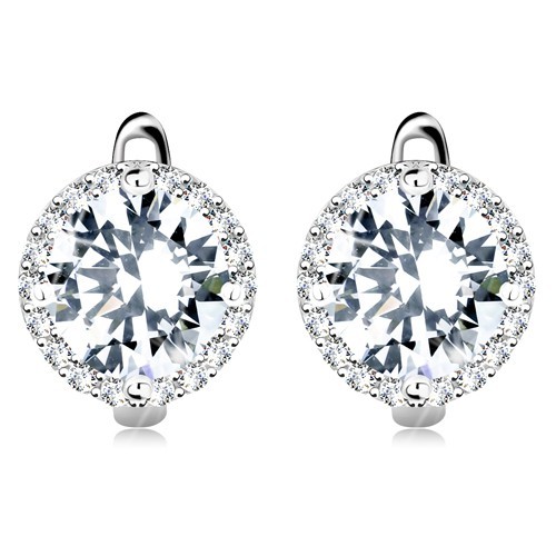 Strieborné náušnice 925, veľký okrúhly zirkón čírej farby s ligotavým lemom
