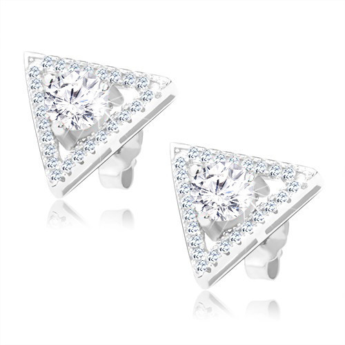 Strieborné náušnice 925 - zirkónová kontúra trojuholníka, číry zirkón v strede