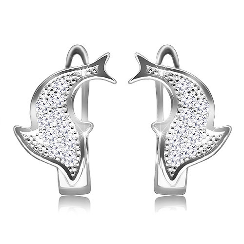 Ródiované náušnice zo striebra 925 - ligotavý delfín zdobený čírymi zirkónikmi