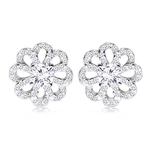 Ródiované strieborné náušnice 925 - kvietok s trblietavými lupeňmi a čírym zirkónom