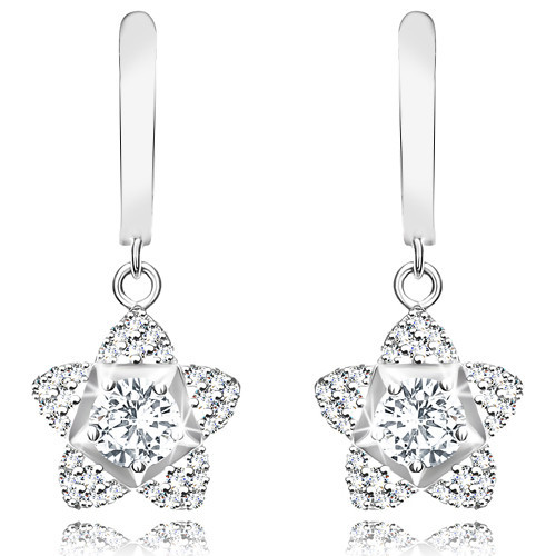 Ródiované strieborné 925 náušnice - kvet, veľký brúsený zirkón, lupene vykladané zirkónikmi