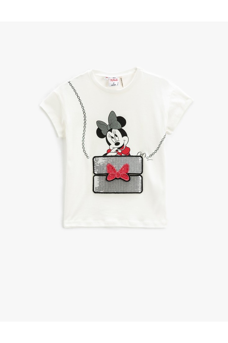 Koton Minnie Mouse T-Shirt Printed Licensed Sequin Embroidered Short Sleeve Crew Neck