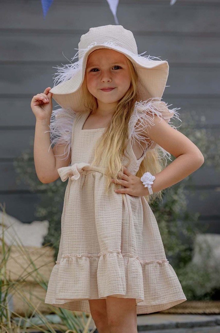 Dievčenské bavlnené šaty Jamiks béžová farba, mini, áčkový strih