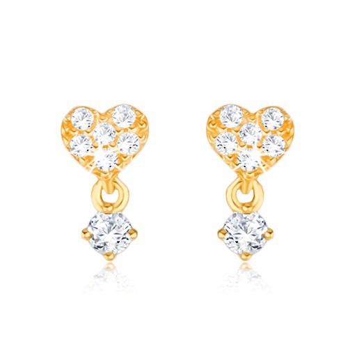 Zlaté náušnice 375 - drobné zirkónové srdce, kamienok v kotlíku