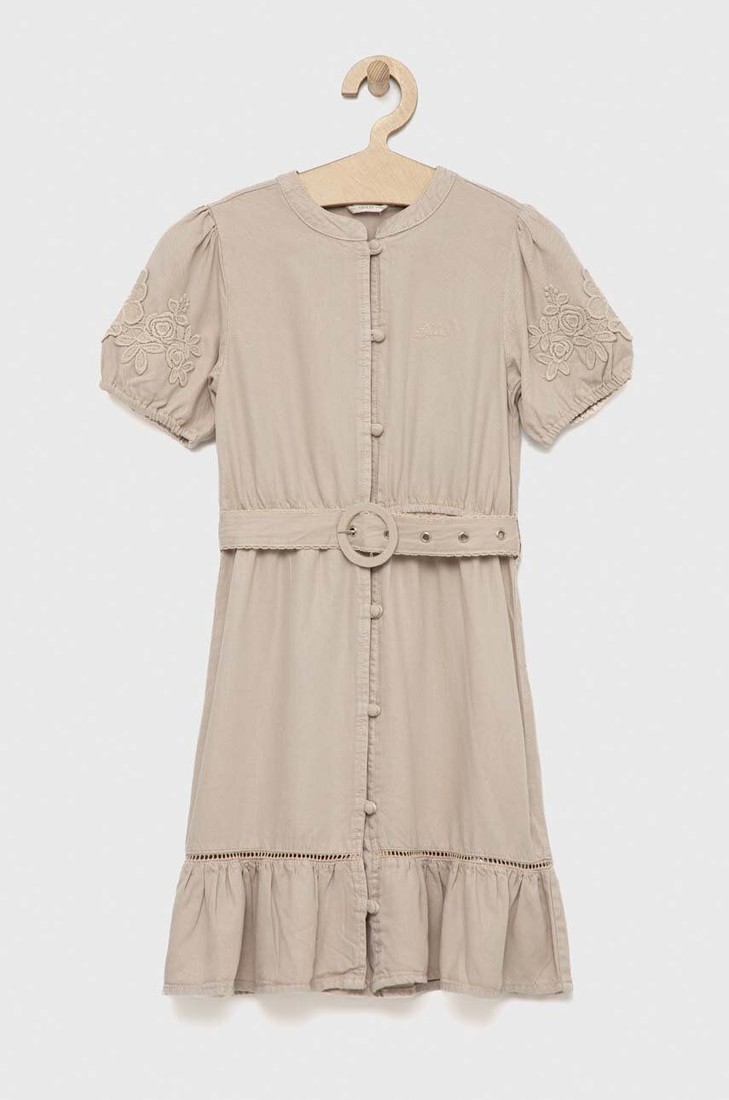 Dievčenské šaty Guess béžová farba, mini, áčkový strih