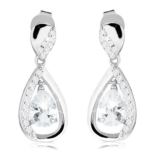 Strieborné náušnice 925, visiaca kontúra kvapky, čírý brúsený zirkón