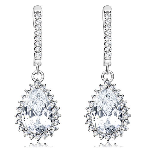 Strieborné náušnice 925, visiaca brúsená slza s trblietavým čírym okrajom