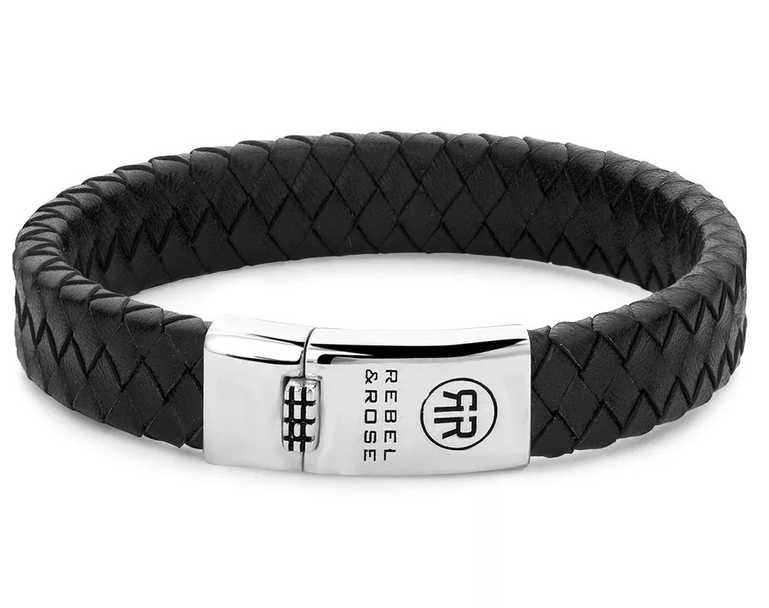 Rebel&Rose Čierny kožený náramok Braided Flat 925 Black RR-L0141-S 19 cm - L
