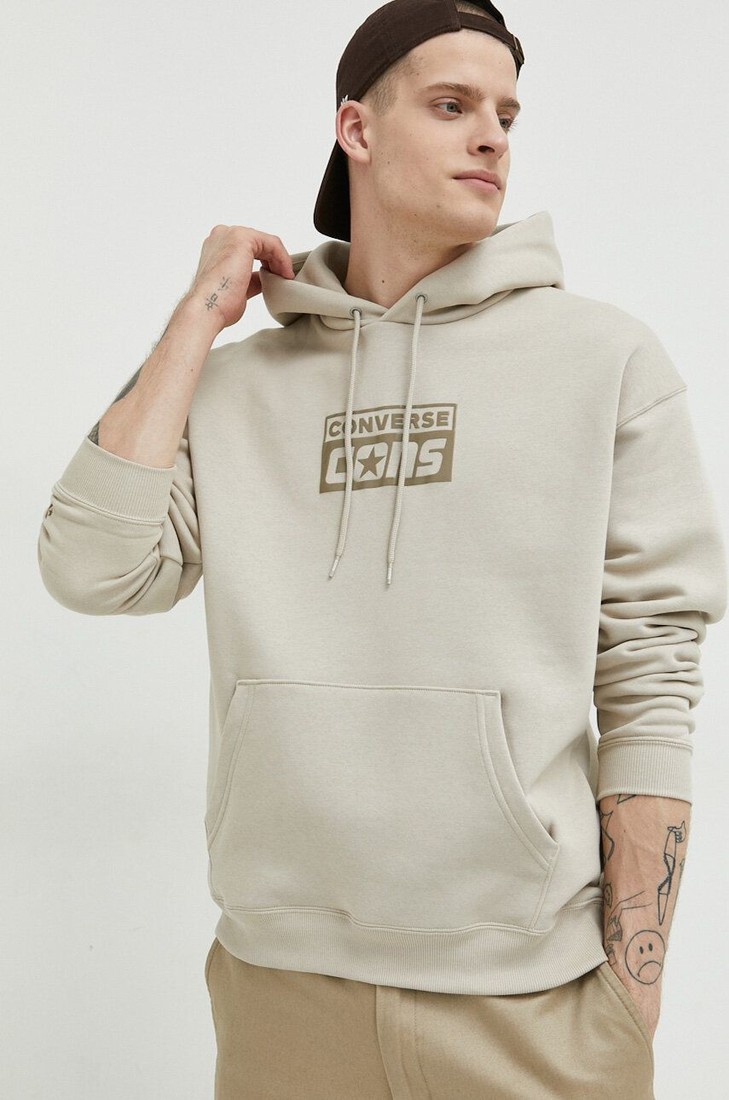 Mikina Converse pánska, béžová farba, s kapucňou, s potlačou