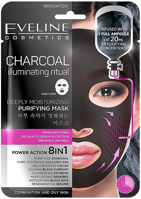 Eveline Cosmetics Eveline Charcoal Hĺbkovo čistiaca hydratačná pleťová maska s aktívnym čiernym uhlím 8v1 20 ml