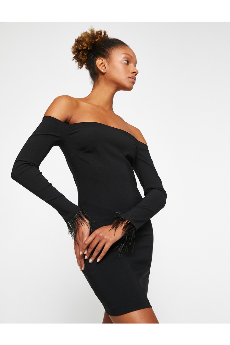 Koton Mini Dress Open Shoulder Sleeves Feather Detailed