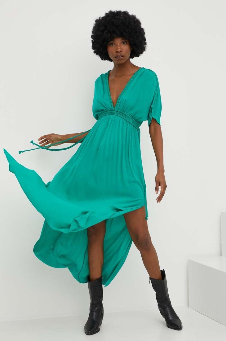 Ľanové šaty Answear Lab zelená farba, maxi, áčkový strih