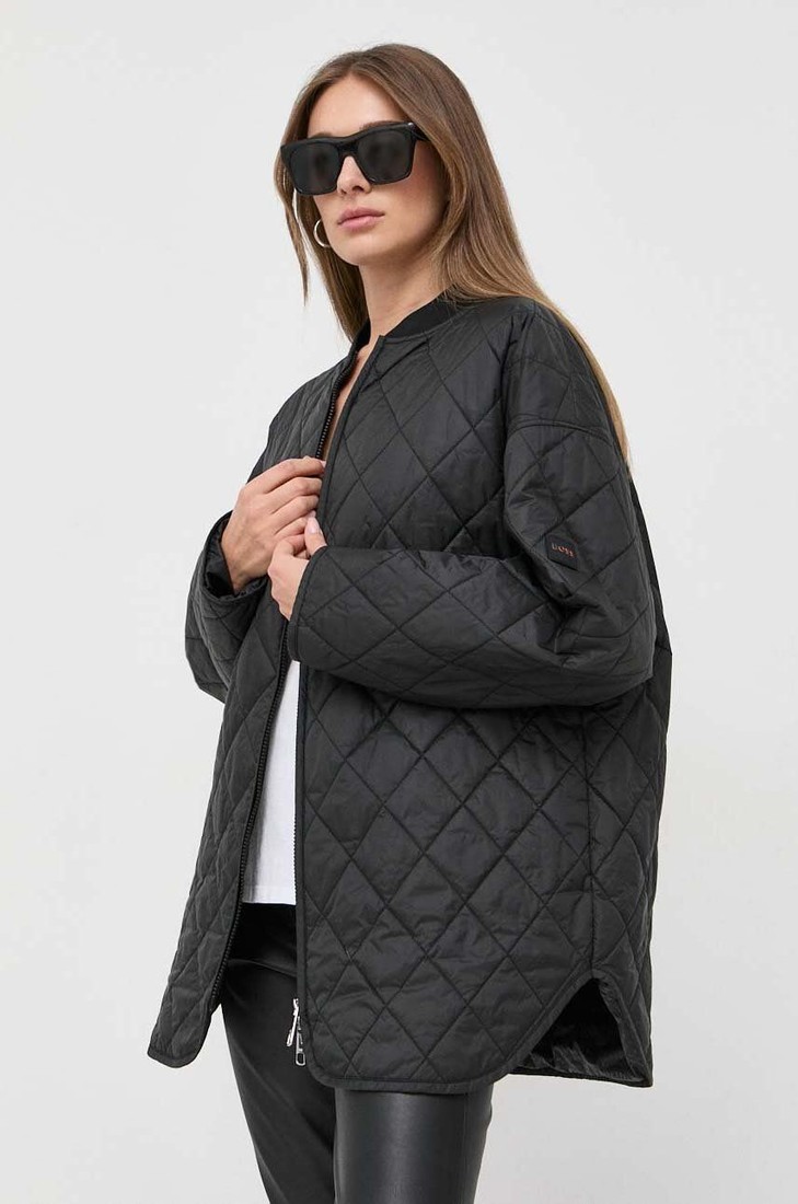 Bunda BOSS dámska, čierna farba, prechodná, oversize