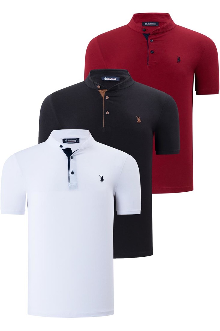TRIPLE SET T8560 DEWBERRY MENS T-SHIRT-BLACK-WHITE-BURGUNDY