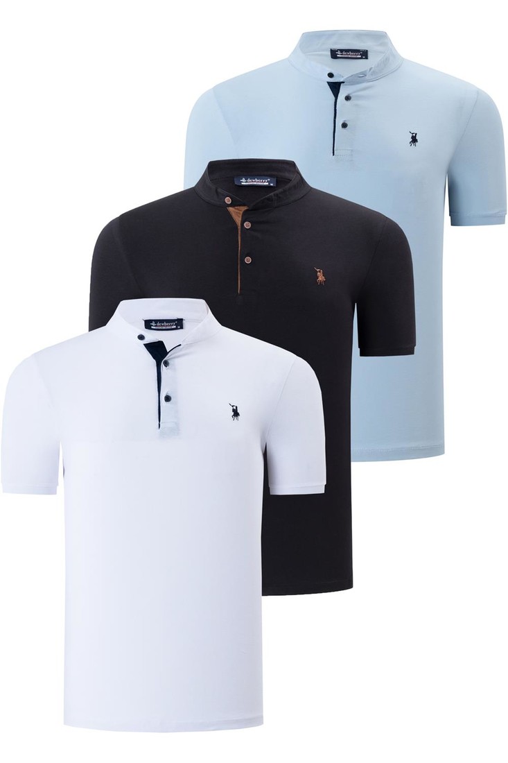 TRIPLE SET T8560 DEWBERRY MENS T-SHIRT-BLACK-WHITE-LIGHT BLUE