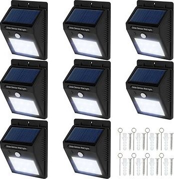 Tectake 8 Vonkajších nástenných svietidiel LED integrovaný solárny panel a detektor pohybu, čierna