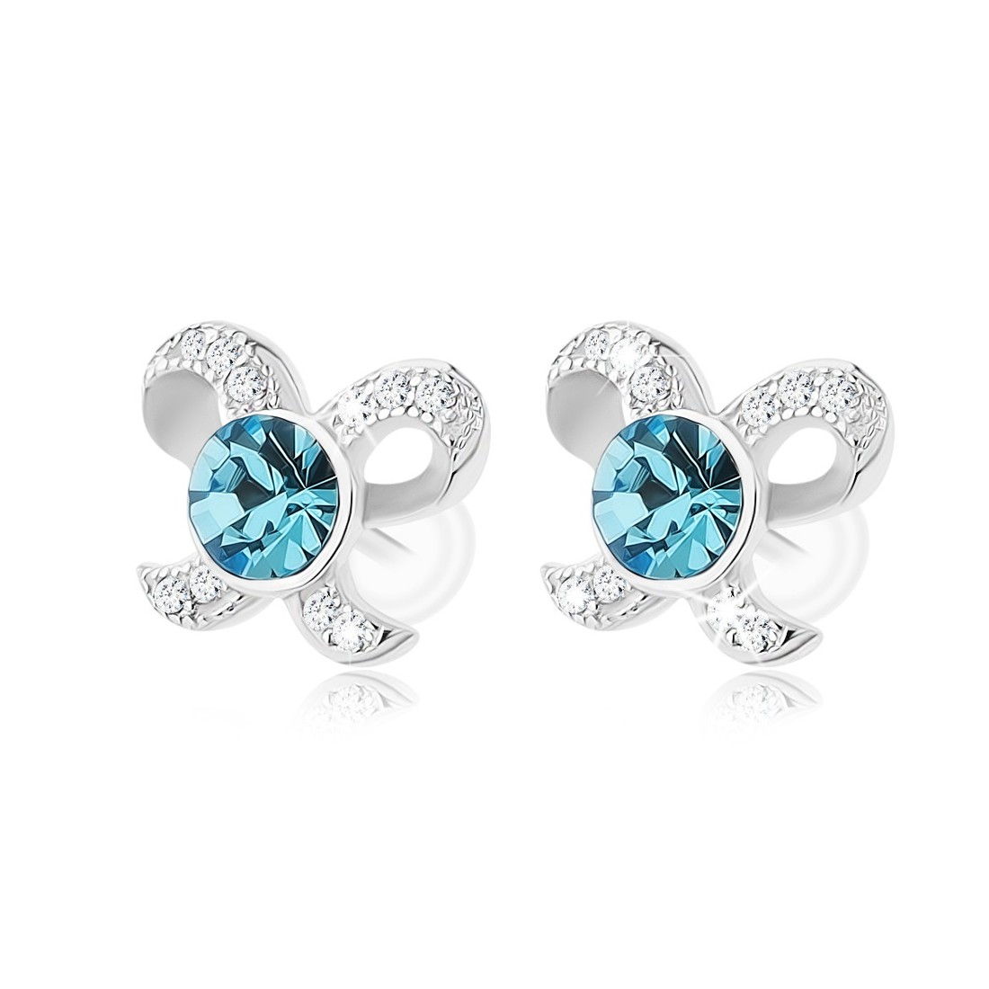 Strieborné náušnice 925, ligotavá mašlička, okrúhly zirkón modrej farby