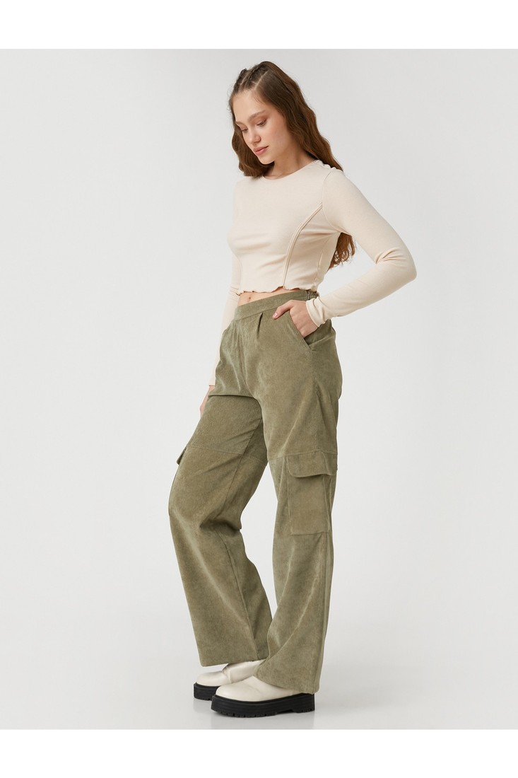 Koton Velvet Cargo Trousers Waist Elastic Pocket Detailed