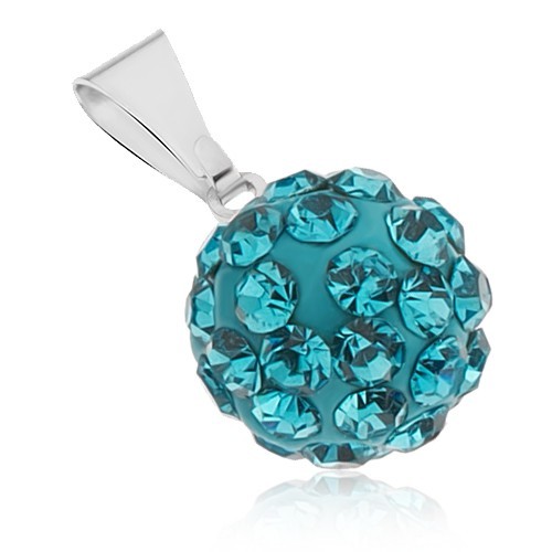Oceľový prívesok - Shamballa gulička so zirkónmi tyrkysovej farby, 12 mm