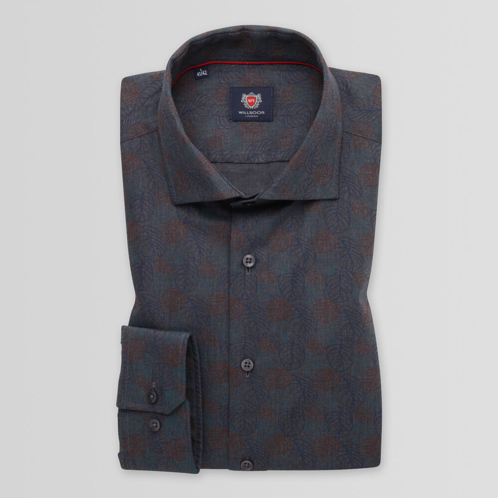 Pánska slim fit košeľa grafitová s potlačou lístia 14963