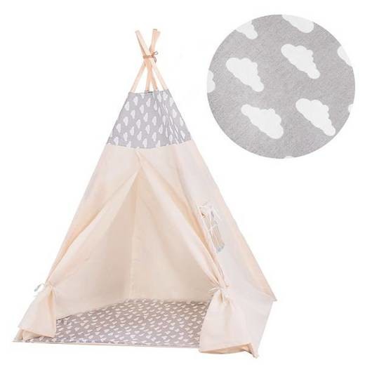 Springos Detský indiánsky stan Teepee bodky - oblaky na sivej