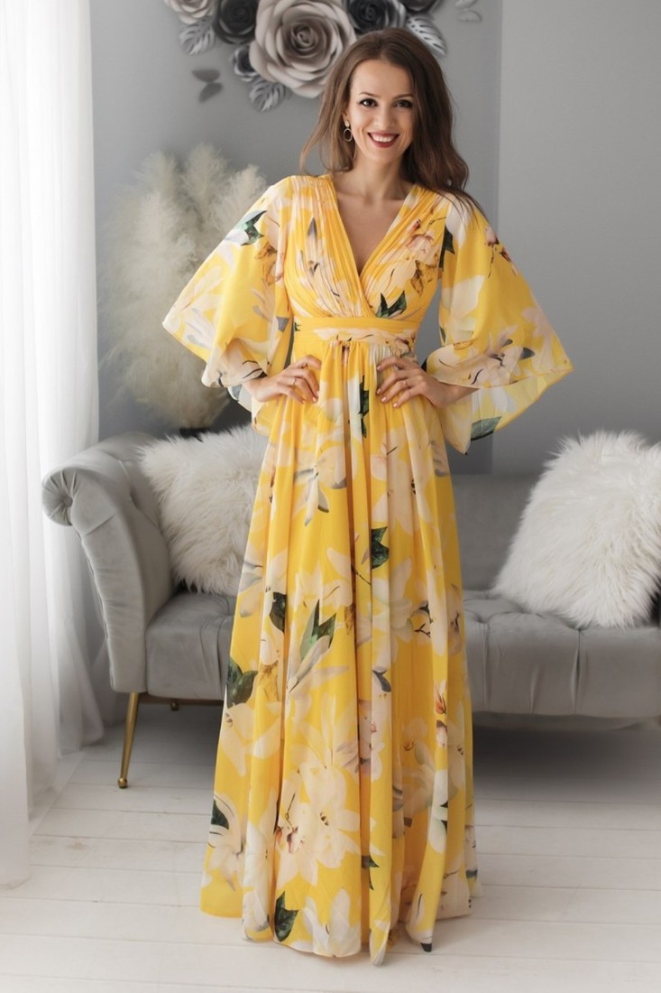 Žlté kvetinové šaty s voľnými rukávmi Veľkosť: S