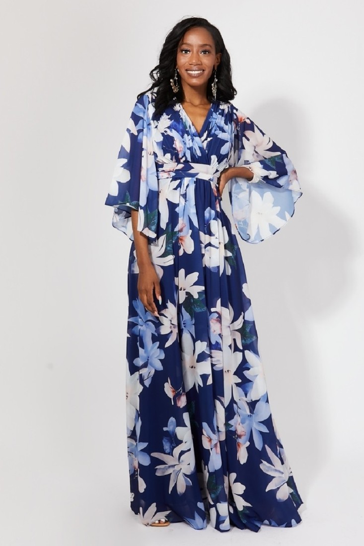 Tmavomodré kvetinové šaty s voľnými rukávmi Veľkosť: S