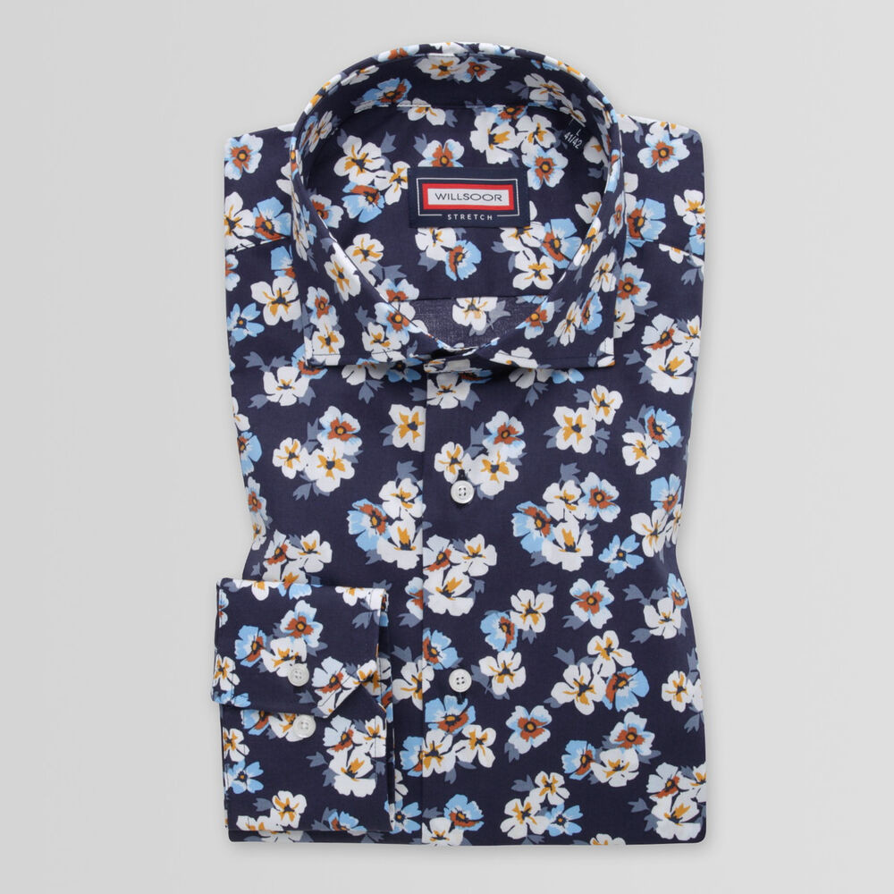 Pánska slim fit košeľa tmavomodrá s kvetinovým vzorom 15000