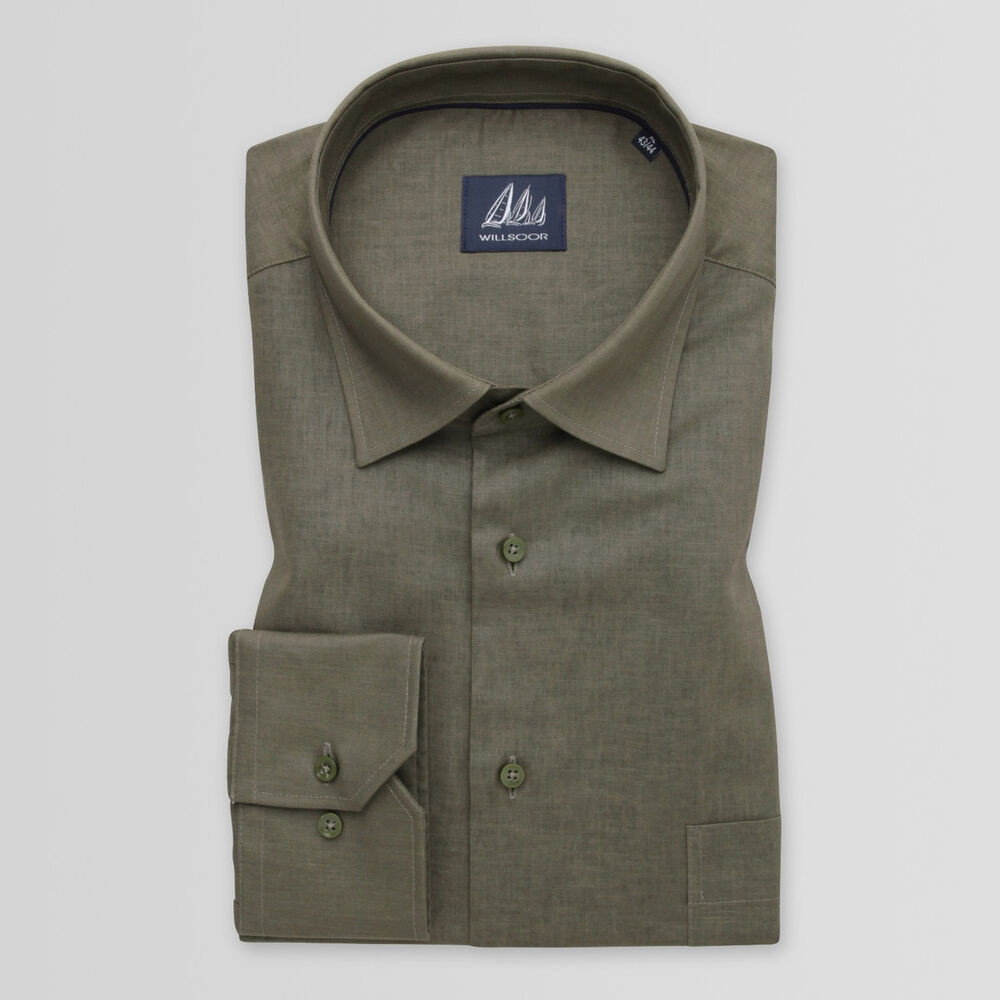 Pánska slim fit košeľa khaki farby s hladkým vzorom 15002