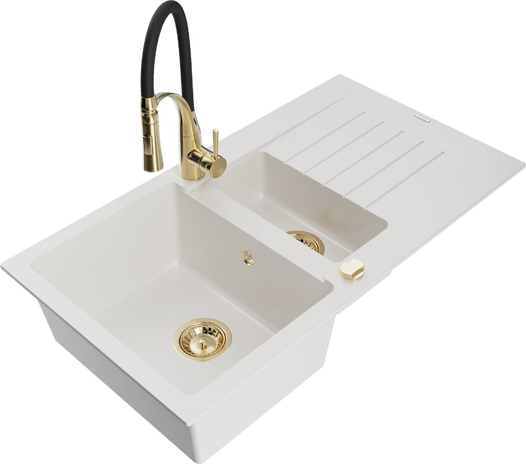 MEXEN/S MEXEN/S - Matias granitový drez 1.5 s odkvapkávačom vrátane batérie Aster, biela 6502-20-73450-57-G