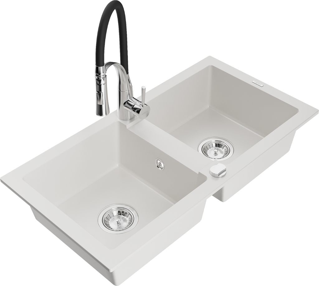 MEXEN/S MEXEN/S - Mario granitový drez 2-bowl vrátane batérie Aster, biela 6504-20-73450-07