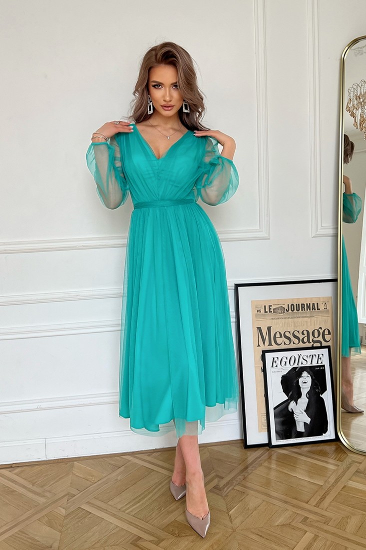 Mentolové tylové midi šaty s jemnými flitrami Veľkosť: XS