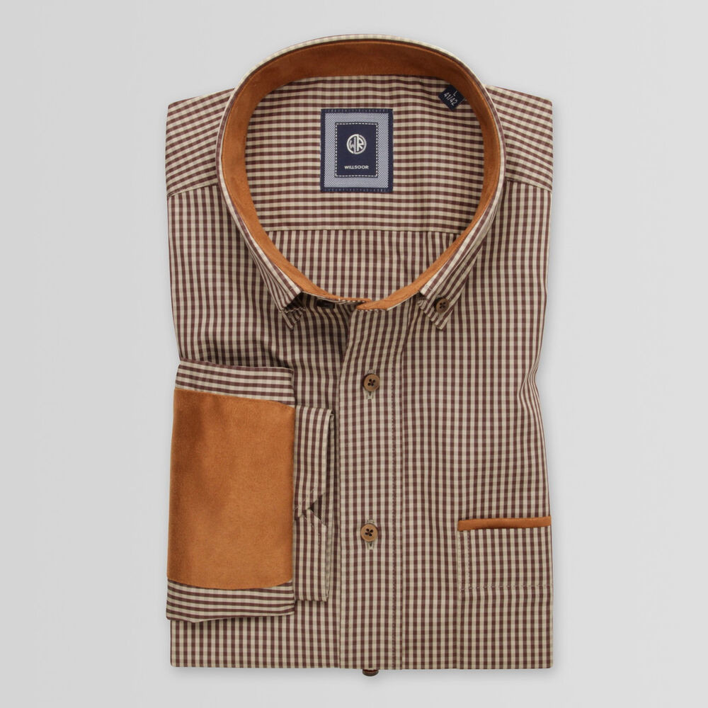 Pánska slim fit košeľa hnedej farby s kontrastnými prvkami 15021