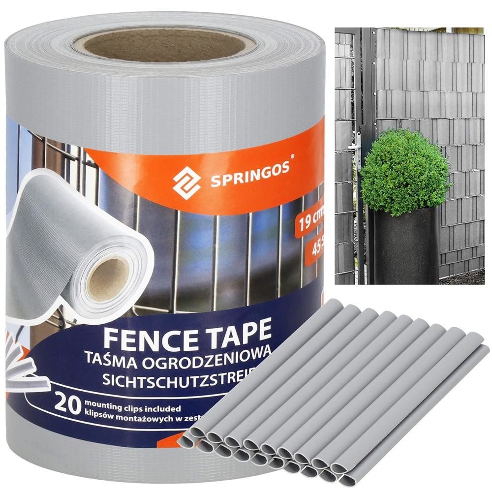 Springos Tieniace plotové pásky a klipy (20ks) - PVC - 35m x 19cm - 450 g/m2 - svetlo sivá
