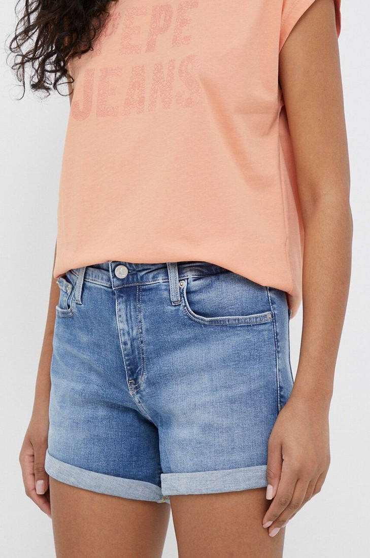 Rifľové krátke nohavice Calvin Klein Jeans dámske, jednofarebné, stredne vysoký pás