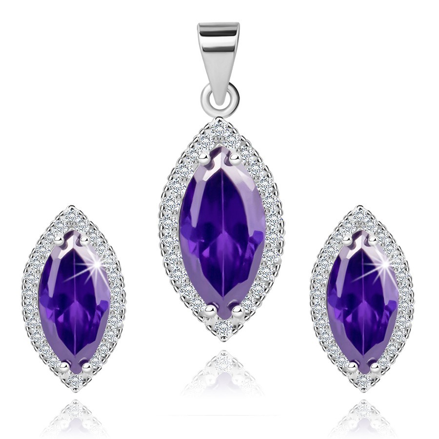 Strieborná 925 sada - prívesok, náušnice, fialové zirkónové zrnko, drobné číre zirkóniky