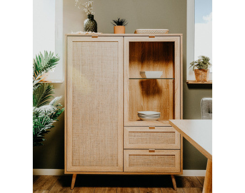 Vysoká skrinka s presklením Bali, dub sonoma/výplet%