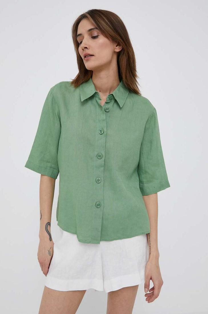 Ľanová košeľa United Colors of Benetton zelená farba, regular, s klasickým golierom