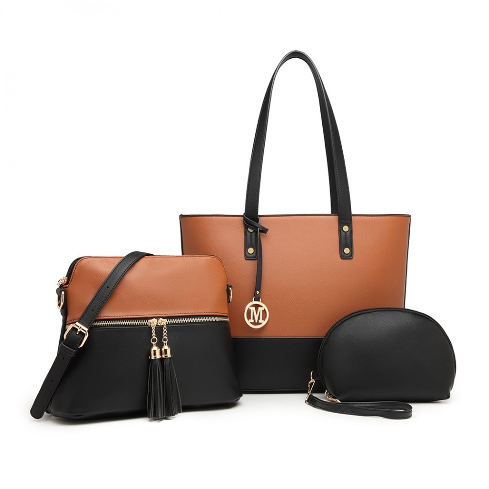 3-dielna súprava tašiek - shopperka, crossbody kabelka a kozmetička Miss Lulu Valeria - čierno hnedá