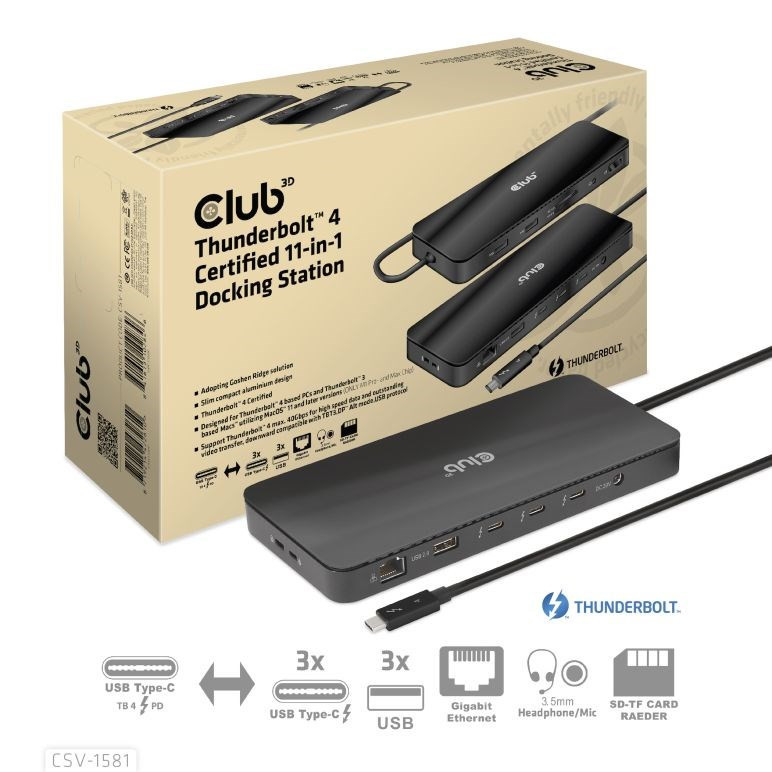Club3D Dokovacia stanica Thunderbolt 4 11v1, 3xUSB-C, 3xUSB-A, PD
