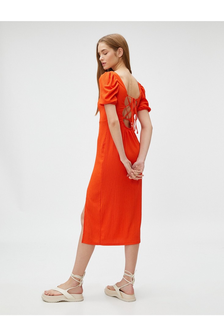 Koton Midi Dress Balloon Sleeves Slit Square Neckline